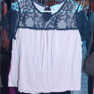 🖤 Cotton On Lace Sheer Sleeve Blouse | Blush Pink - Black Floral Lace | Size L 💕